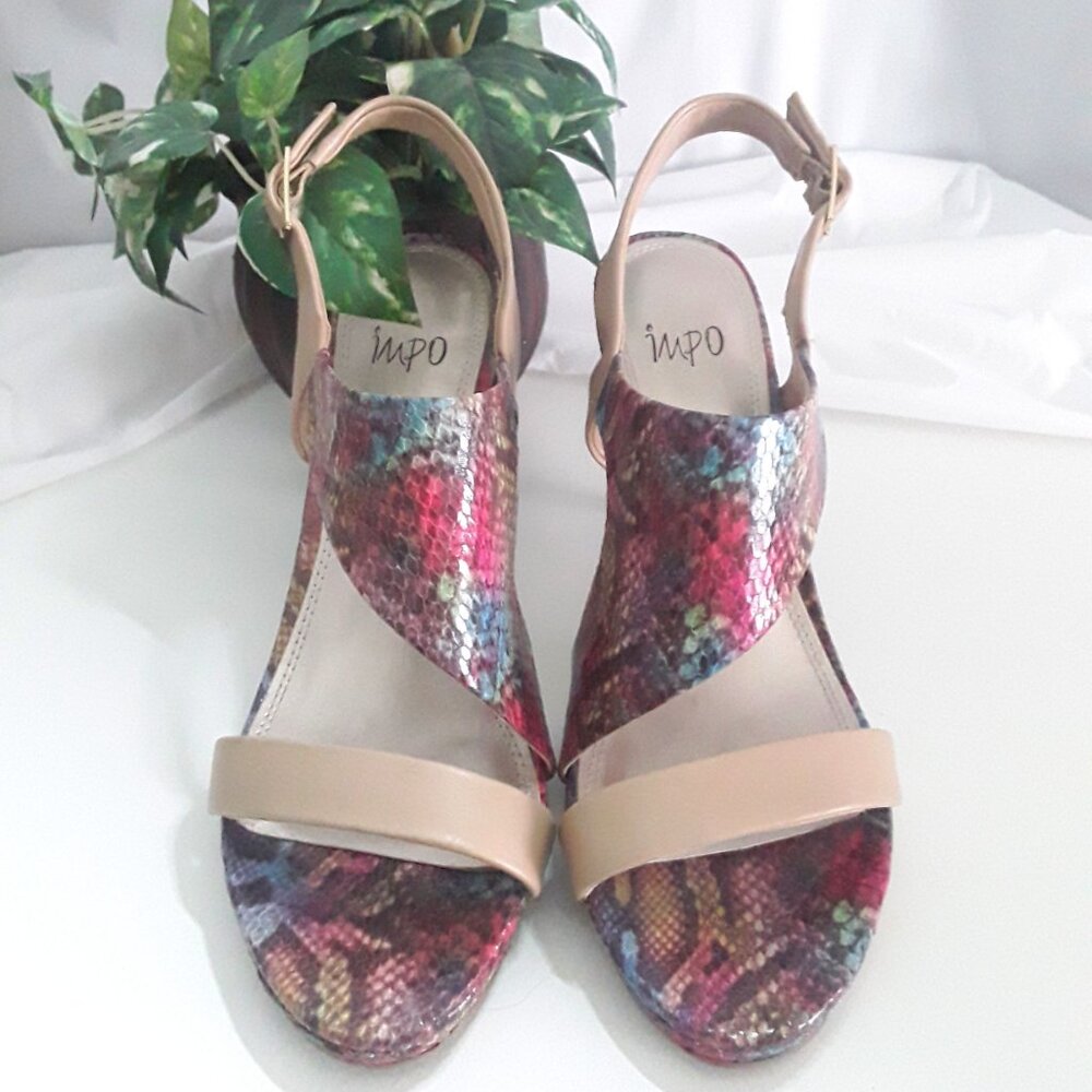 IMPO Multicolor Faux Snakeskin Sling Back Strappy Heeled Sandal Shoes SZ 9.5M